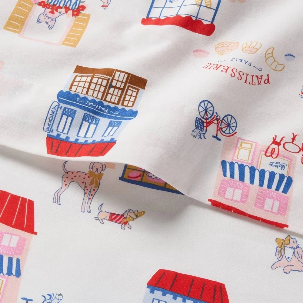 Patisserie Paris Cotton Full Size Sheet Set White Red Blue Bakery Dog Print